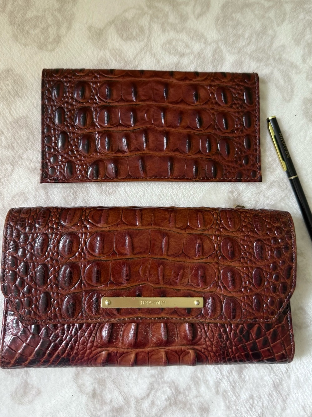 BRAHMIN Pecan Melbourne Trifold Wallet and Checkbook Croc Embossed Leather